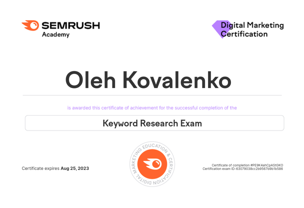 Certificado de investigación de palabras clave de Semrush
