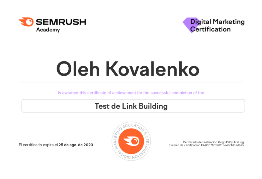 Certificado de linkbuilding de Semrush
